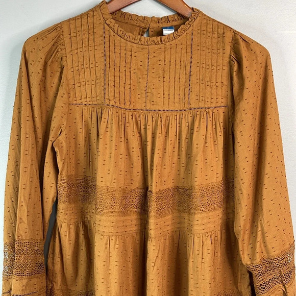 OLD NAVY Long Sleeve Pintucked ClipDot Mini Swing Dress Sisal Brown Lace Tier XS - Picture 3 of 12